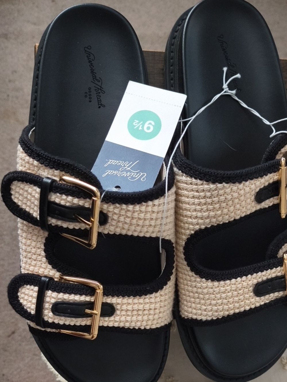 Universal Thread Cream and Black Woven Double-Buckle Slide Sandals